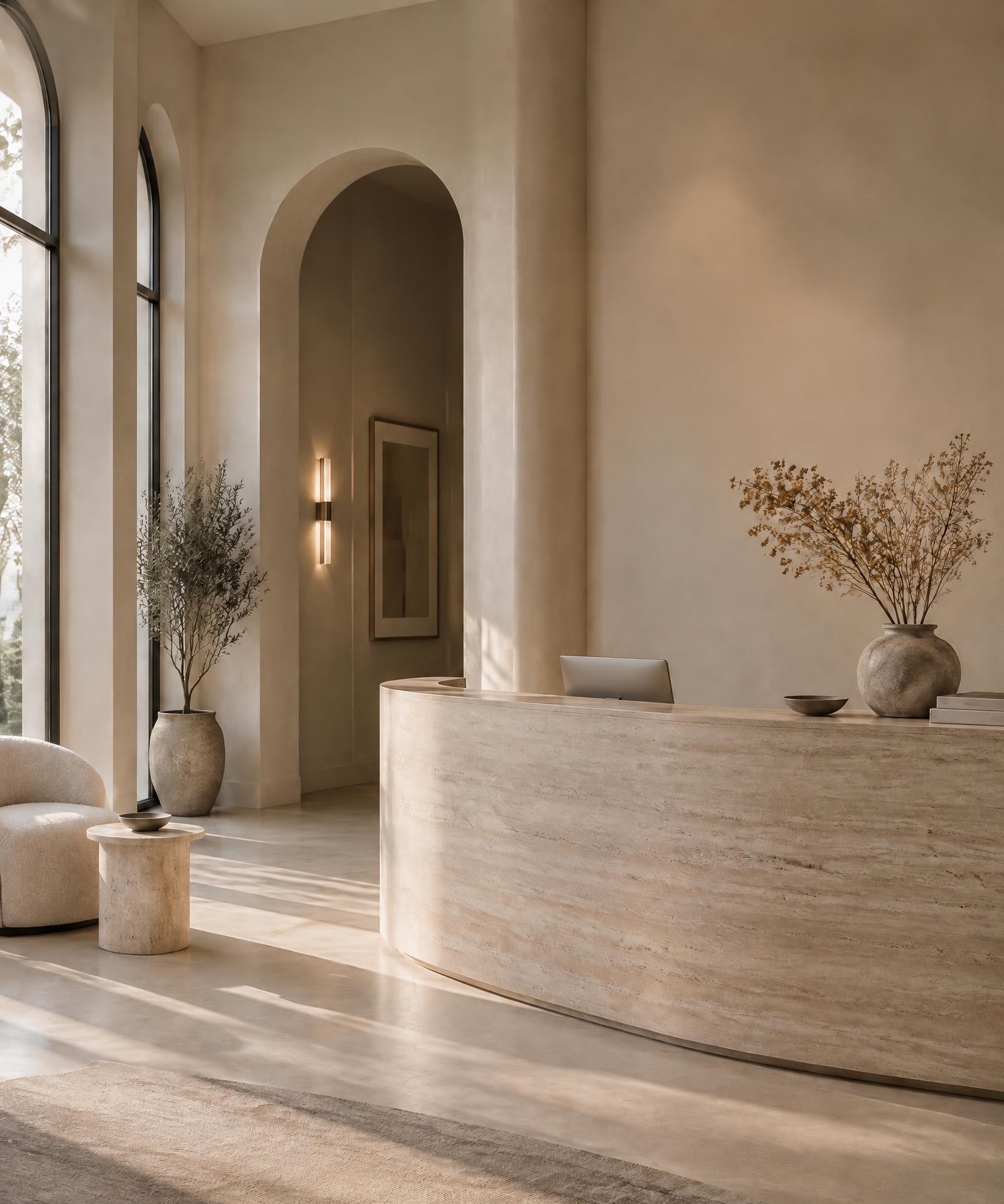 Calm, light-filled reception of a luxury aesthetics clinic with a curved travertine desk
